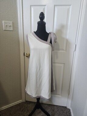 P Cill One-Shoulder White Dress with Taupe Trim and Tie Shoulder
